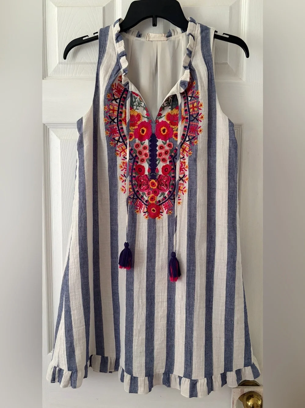 Altar'd State Blue and White Striped Embroidered Tassel Shift Dress - Picture 1 of 4